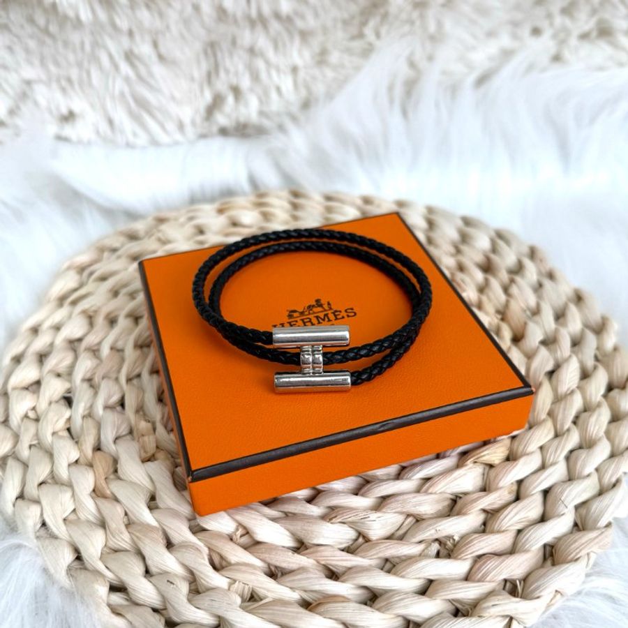 Hermès 黑銀 小牛皮編織雙環手繩-1