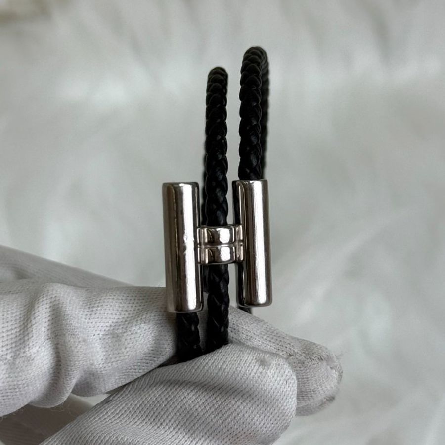 Hermès 黑銀 小牛皮編織雙環手繩-3