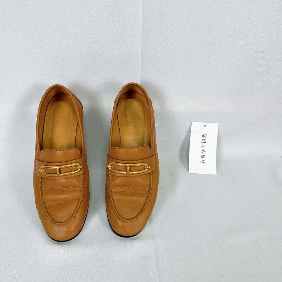 莉亞精品♡HERMES 豬鼻釦金棕樂福鞋 #38.5 二手-2