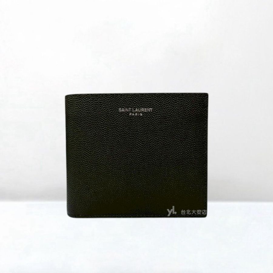 A13320-YSL 黑色粒紋牛皮6卡零錢位對開短夾396303-0
