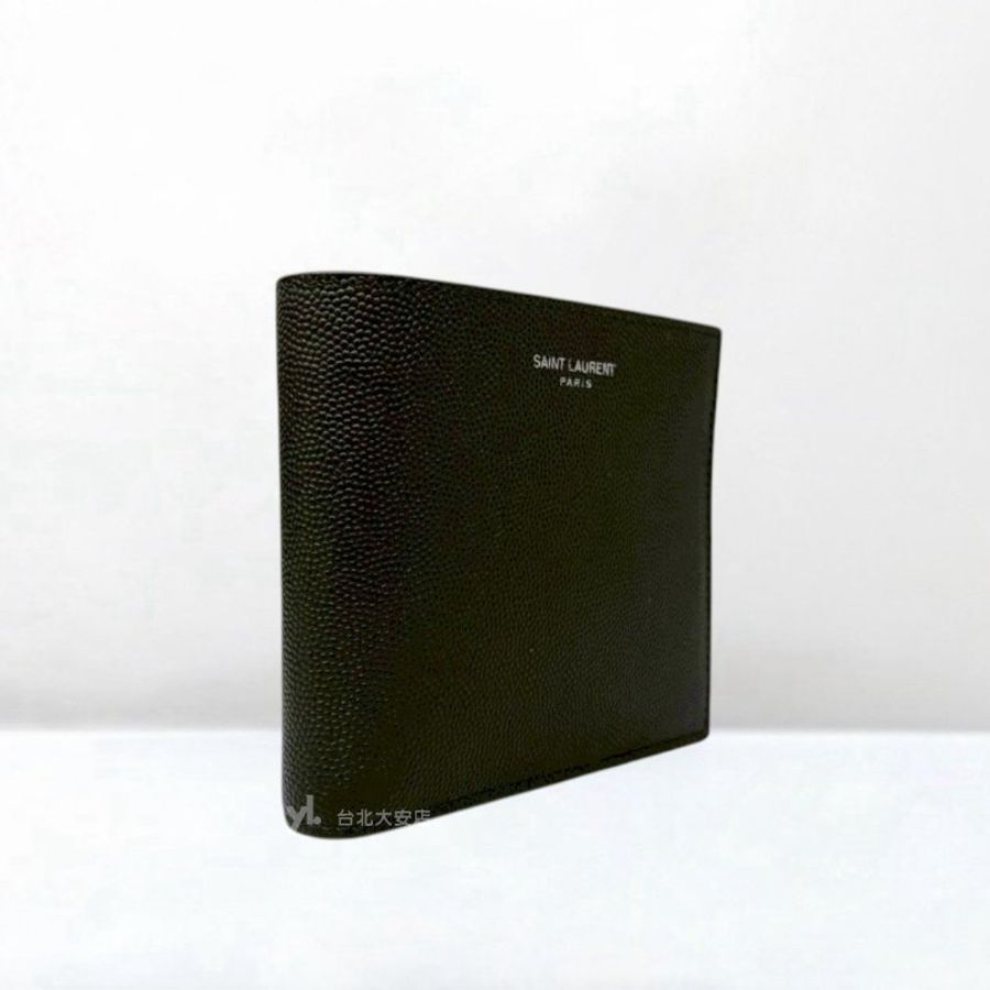 A13320-YSL 黑色粒紋牛皮6卡零錢位對開短夾396303-1