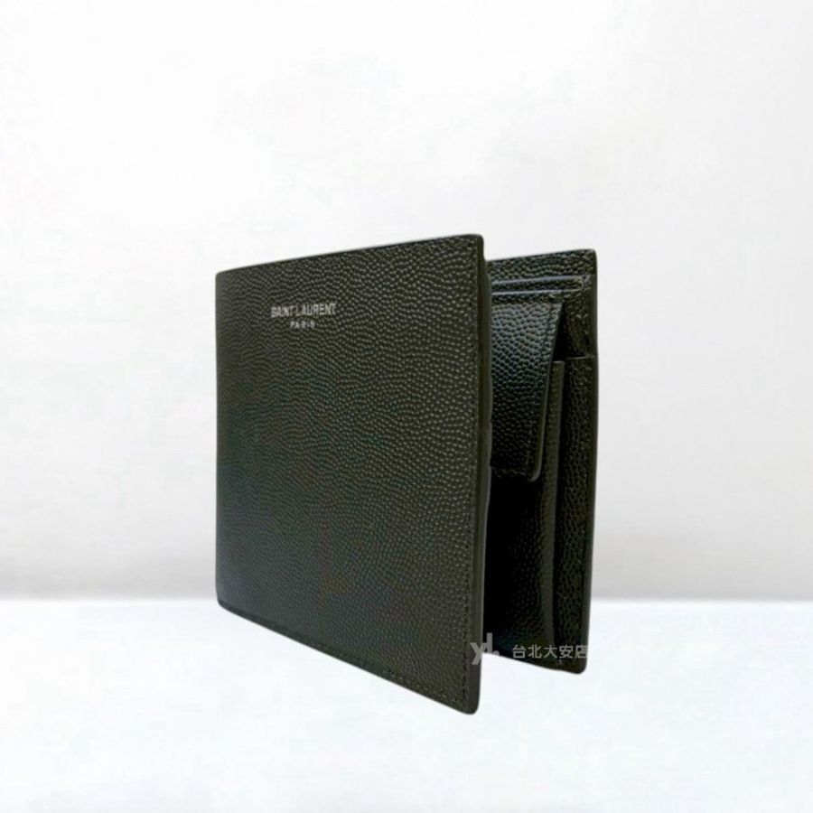 A13320-YSL 黑色粒紋牛皮6卡零錢位對開短夾396303-2