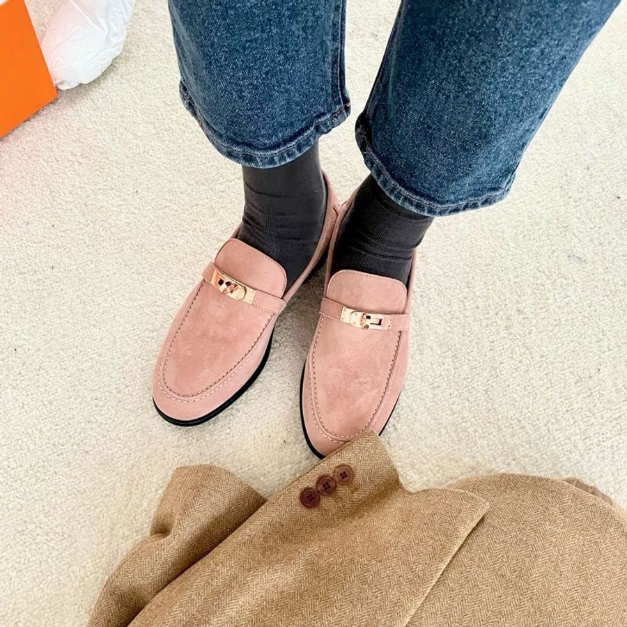 莉亞精品♡Hermes Kelly 釦嫩粉麂皮樂福鞋 #38 二手-1
