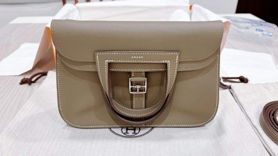 Hermès mini Halzan /全新閒置大象灰銀釦-12