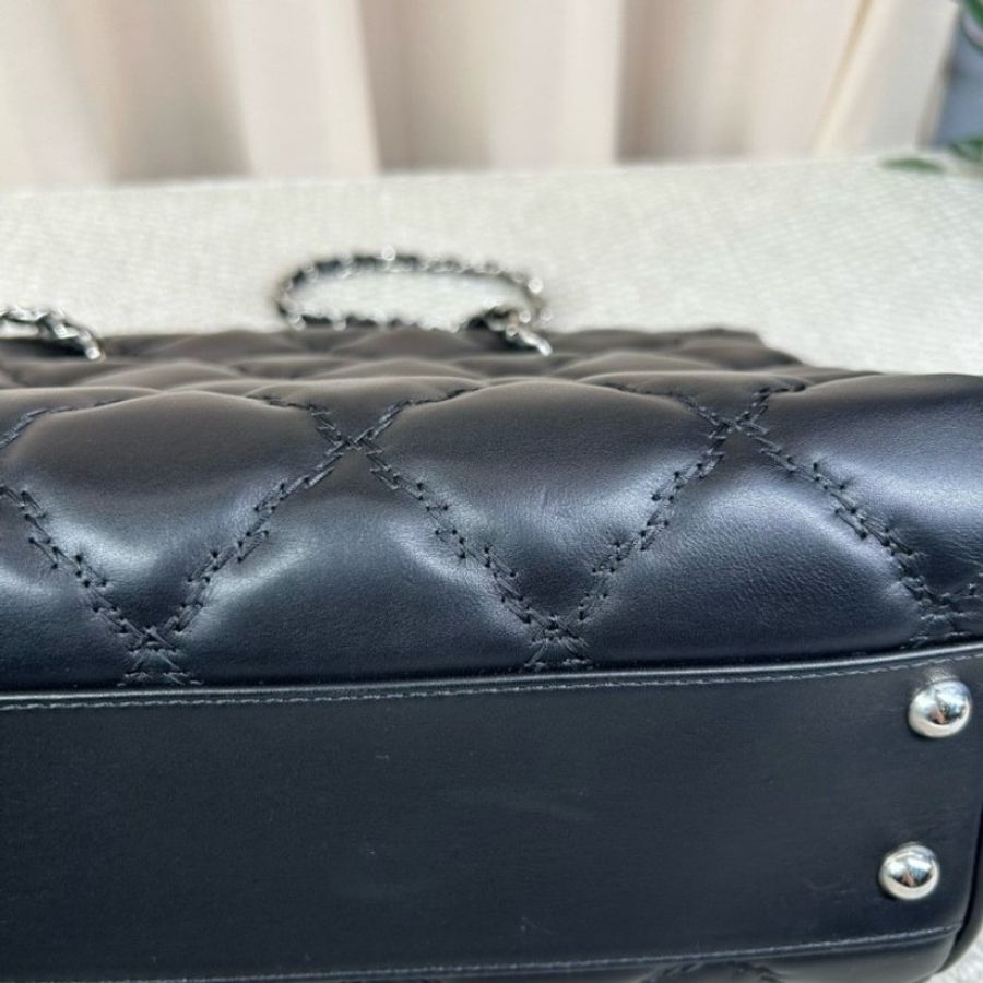 Chanel香奈兒黑銀雙C牛皮托特包 經典菱格紋 皮穿鏈條-12