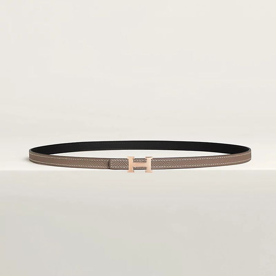 全新💯 愛馬仕 黑/大象灰 13mm雙面皮帶 75cm 玫瑰金釦-1