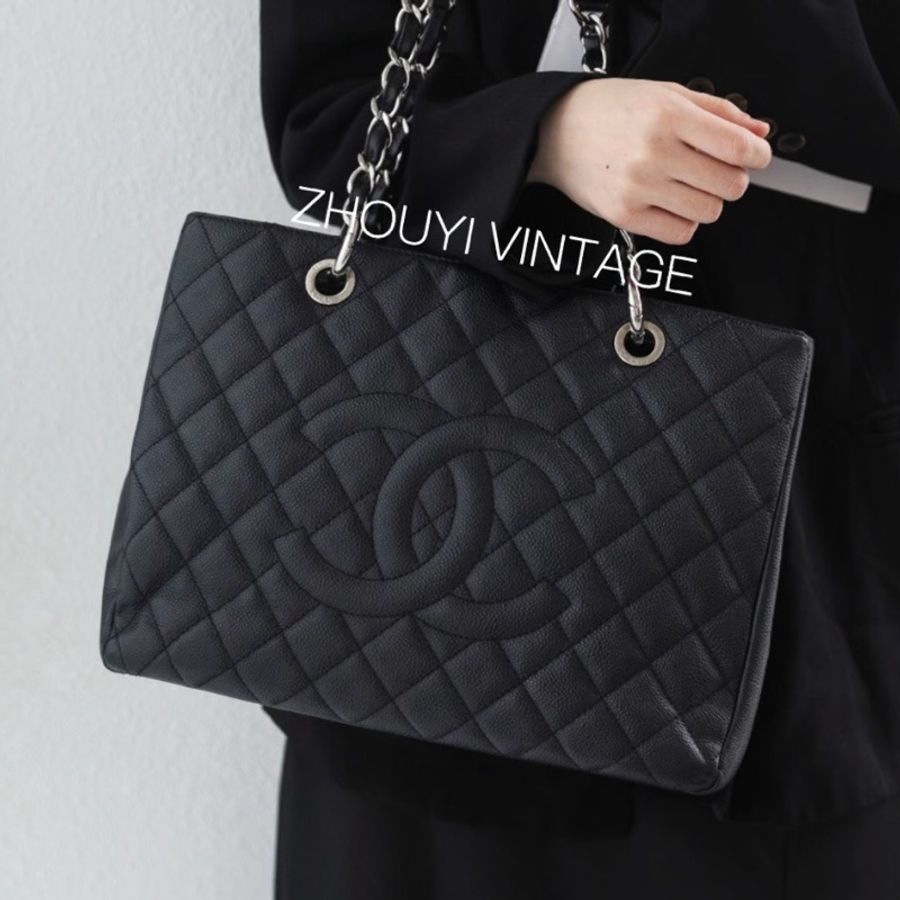 💎Chanel香奈兒|黑銀荔枝牛皮GST Tote|99新全配-0