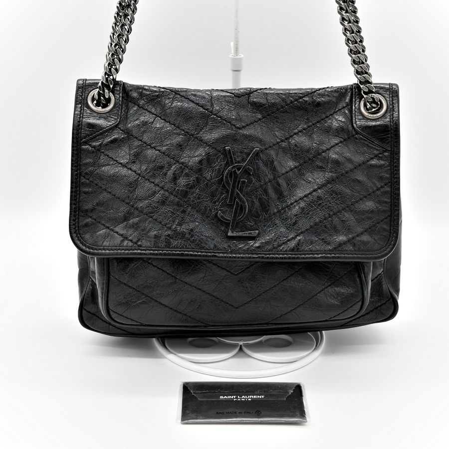 Saint Laurent YSL 聖羅蘭 黑色 BLACK NIKI 復古褶皺鏈條單肩包 翻蓋包-1