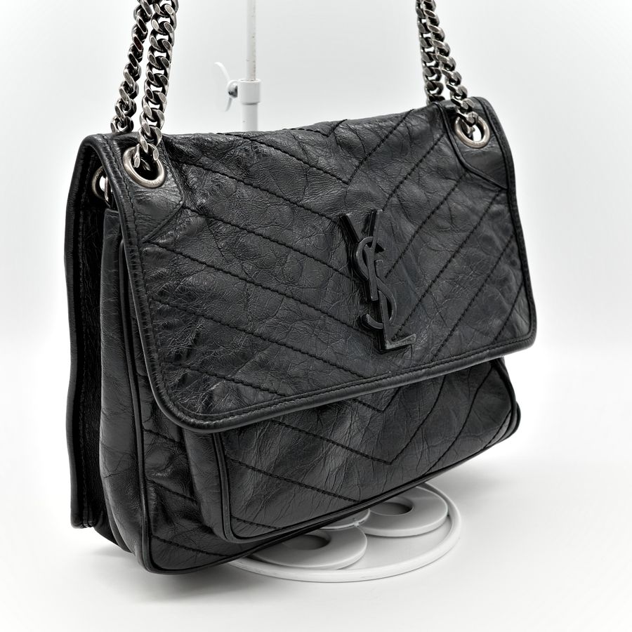 Saint Laurent YSL 聖羅蘭 黑色 BLACK NIKI 復古褶皺鏈條單肩包 翻蓋包-2