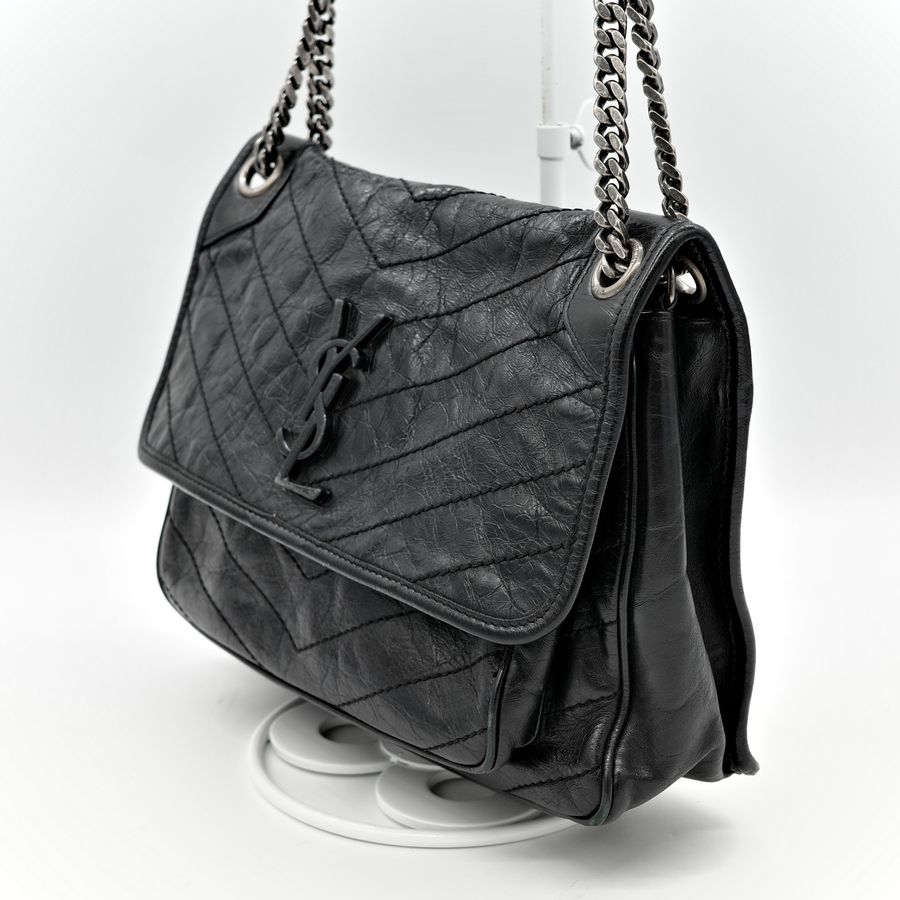 Saint Laurent YSL 聖羅蘭 黑色 BLACK NIKI 復古褶皺鏈條單肩包 翻蓋包-3