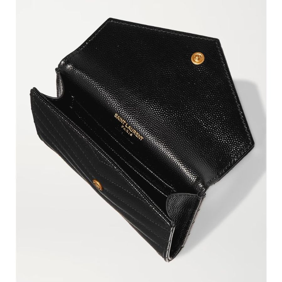 【YSL】專櫃經典款MONOGRAM系列V字縫線魚子醬牛皮金屬LOGO暗釦零錢包/手拿包(金色金屬)-3