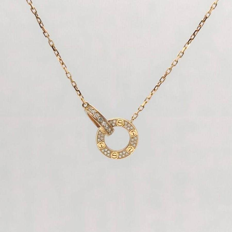 CARTIER LOVE雙環滿鑽項鏈餅環組合18K玫瑰金/鑽石-1