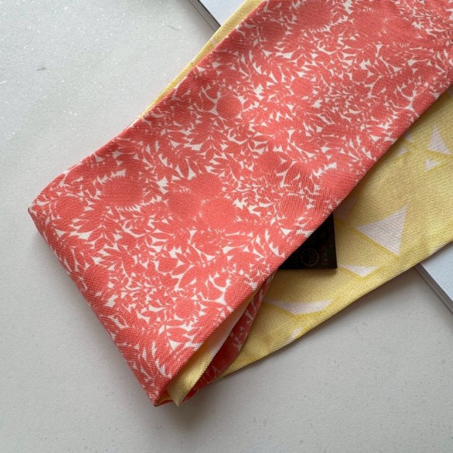 💥當髮帶或綁包包💥LV 粉色花卉拼淡黃色長條絲巾-2
