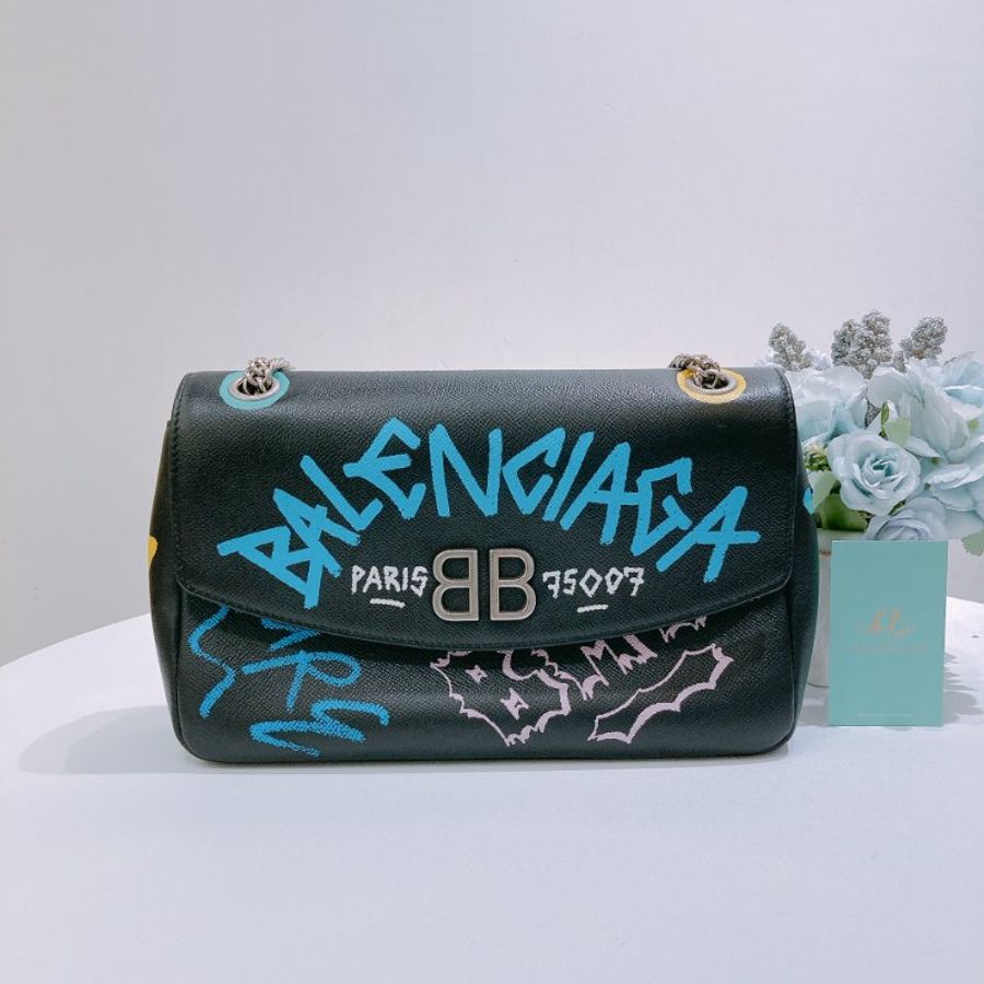 TW4889 Balenciaga 巴黎世家 塗鴉圖案 特別版 大容量BB Graffiti Chain Shoulder Bag Black x Mulit x PHW-0
