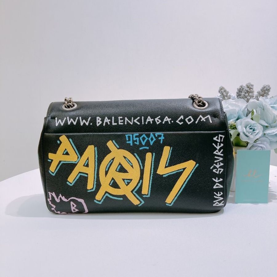 TW4889 Balenciaga 巴黎世家 塗鴉圖案 特別版 大容量BB Graffiti Chain Shoulder Bag Black x Mulit x PHW-1