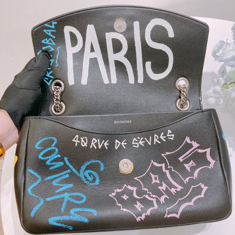 TW4889 Balenciaga 巴黎世家 塗鴉圖案 特別版 大容量BB Graffiti Chain Shoulder Bag Black x Mulit x PHW-11