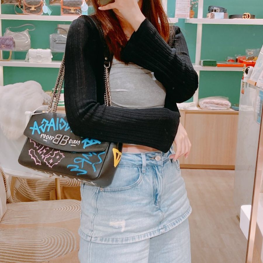 TW4889 Balenciaga 巴黎世家 塗鴉圖案 特別版 大容量BB Graffiti Chain Shoulder Bag Black x Mulit x PHW-18