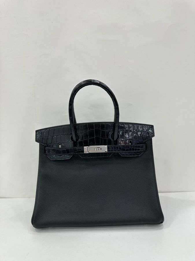Hermes愛馬仕birkin30 Touch 兩點鱷魚 黑銀拼深海藍 TN皮 銀扣 D刻 閒置有購證-1