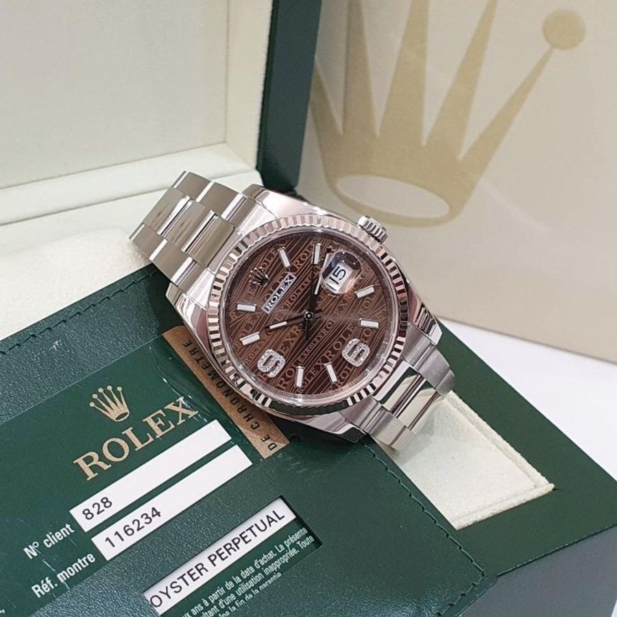 【大眾名錶】ROLEX勞力士 116234 Datejust 2012/10卡 市場罕見 棕色水波紋69大鑽面盤 三板帶 錶徑36mm自動上鍊 大眾名錶G277-2