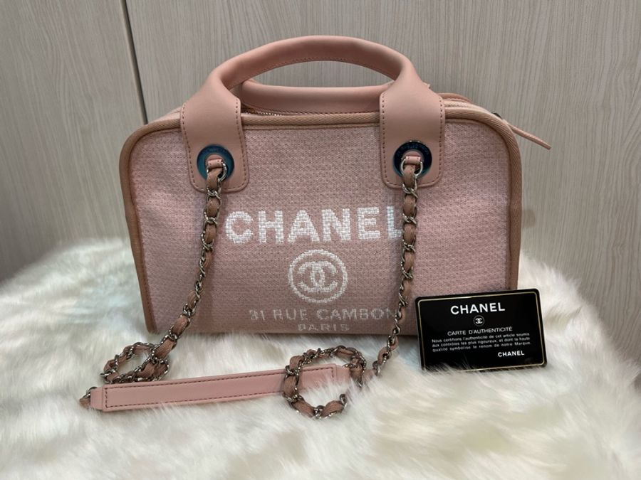 Chanel 絕版品 粉色 雙皮穿鍊肩帶 保齡球包 波士頓包 沙灘包(金屬有原膜)-0