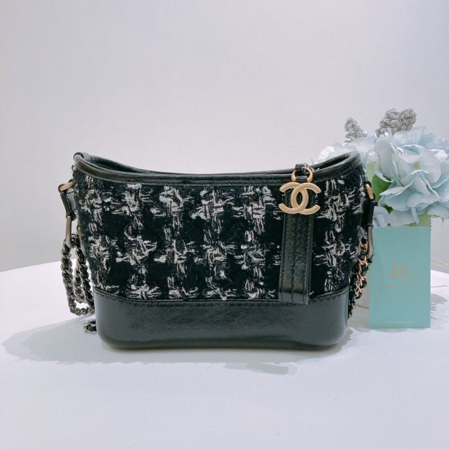 TW4892 Chanel 香奈兒 黑色限量編織流浪包 小號 毛呢千鳥Gabrielle Small Chain Bag Tweed Black x Sliver-0