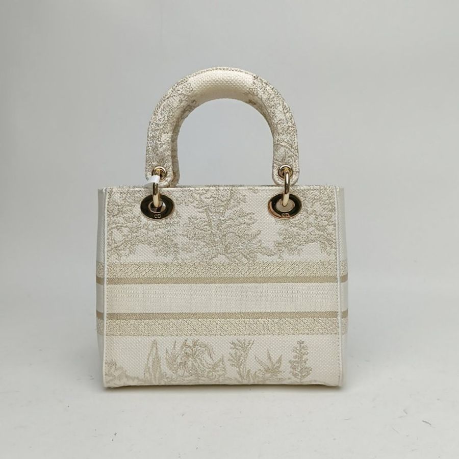 DIOR LadyD-Lite戴妃包中號帆布印花刺繡白金肩背包-2
