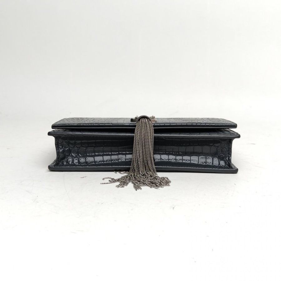SAINT LAURENT KATEWoc鱷魚壓紋流蘇灰色牛皮銀扣肩背包-4