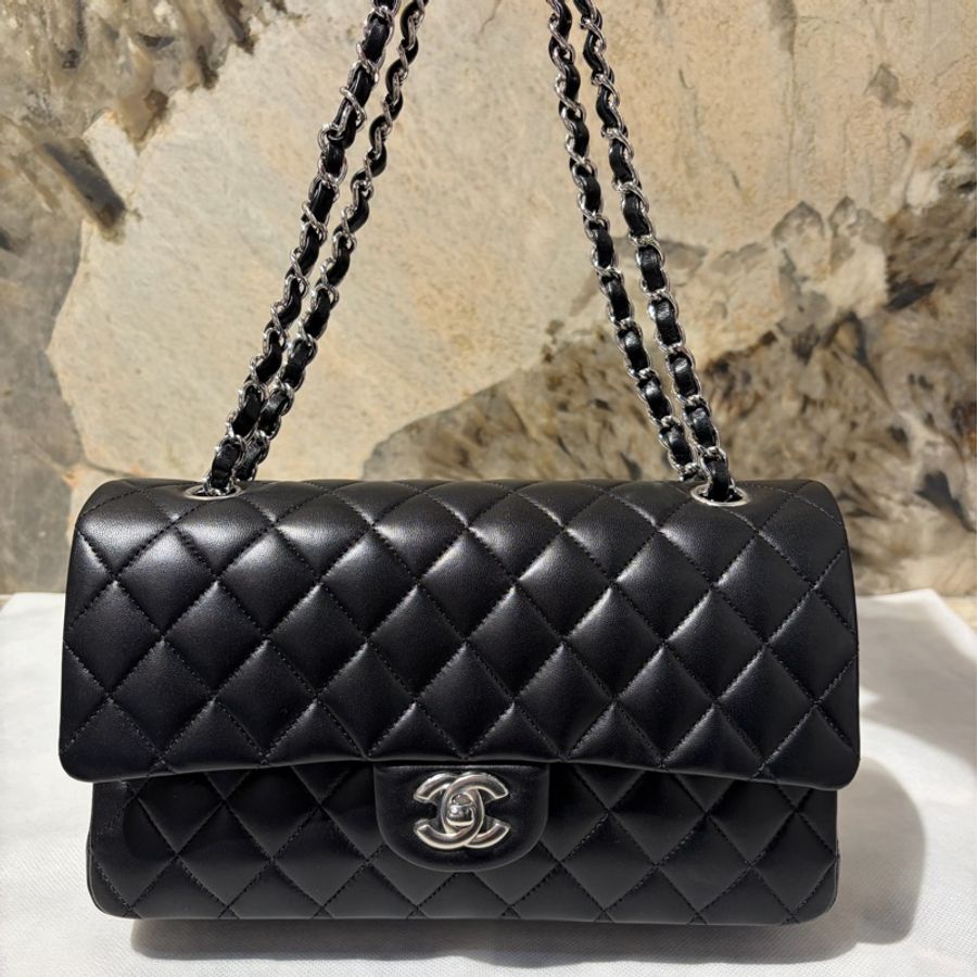 CHANEL CF 羊皮黑銀鍊25-0