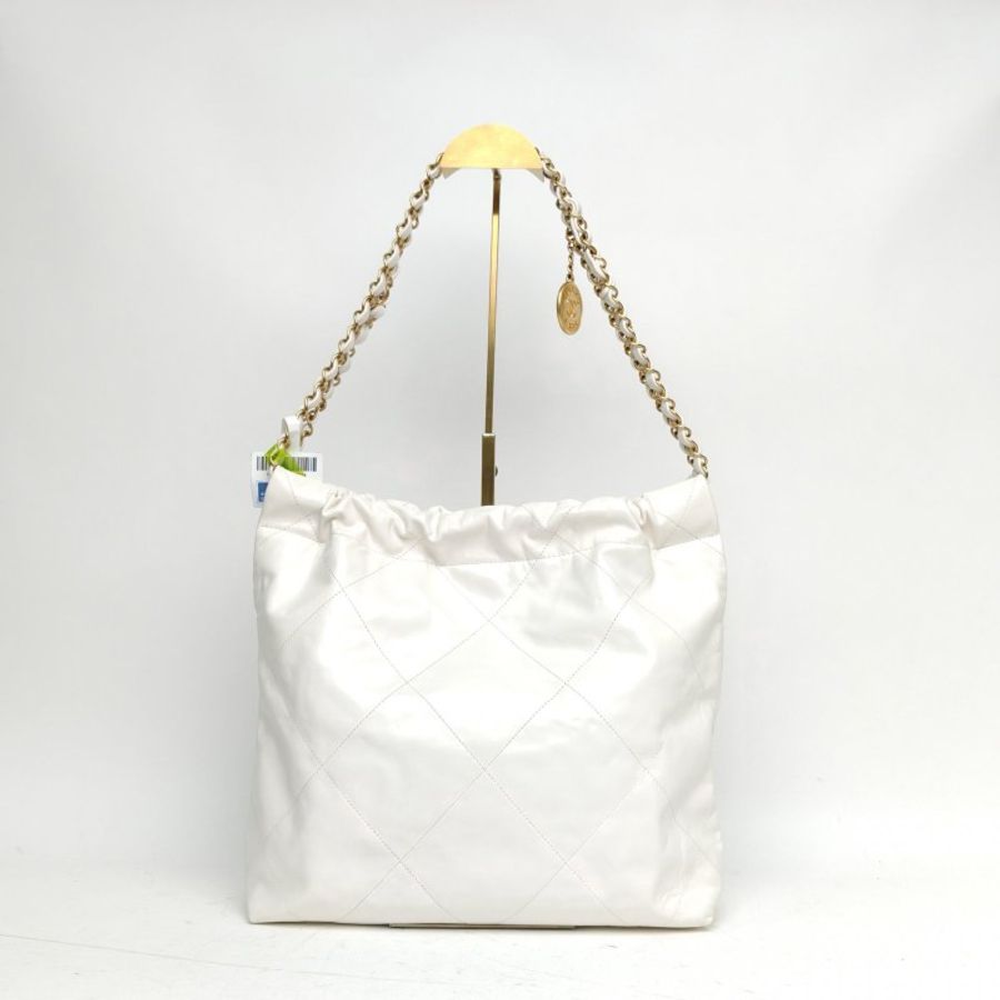 CHANEL 22BagTote托特包小號白色牛皮晶片金扣肩背包-2