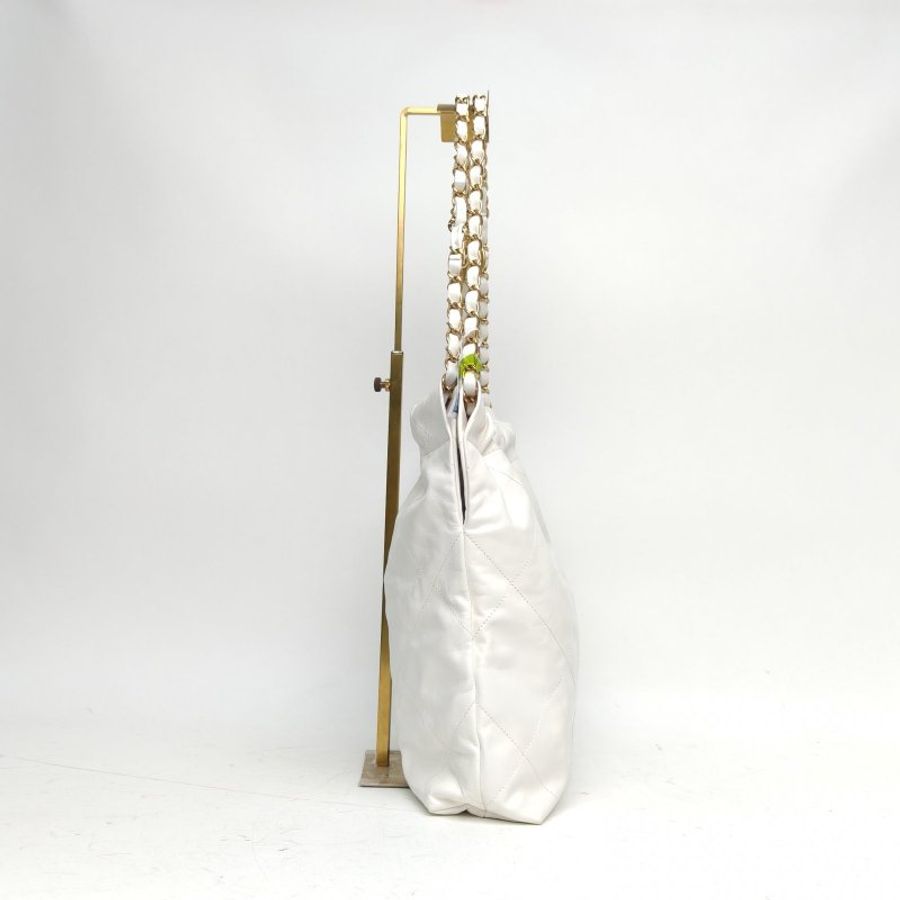 CHANEL 22BagTote托特包小號白色牛皮晶片金扣肩背包-3