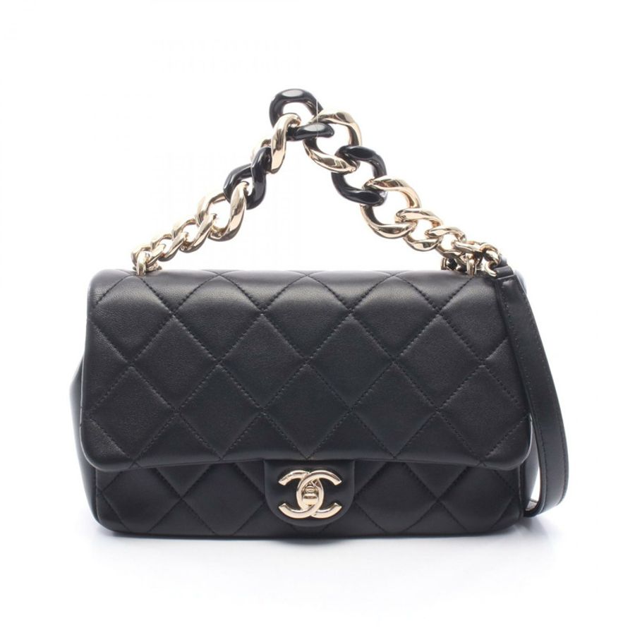 香奈兒 (CHANEL) 絎縫鏈條肩背斜背包,羊皮材質,黑色,金色五金,二手-0