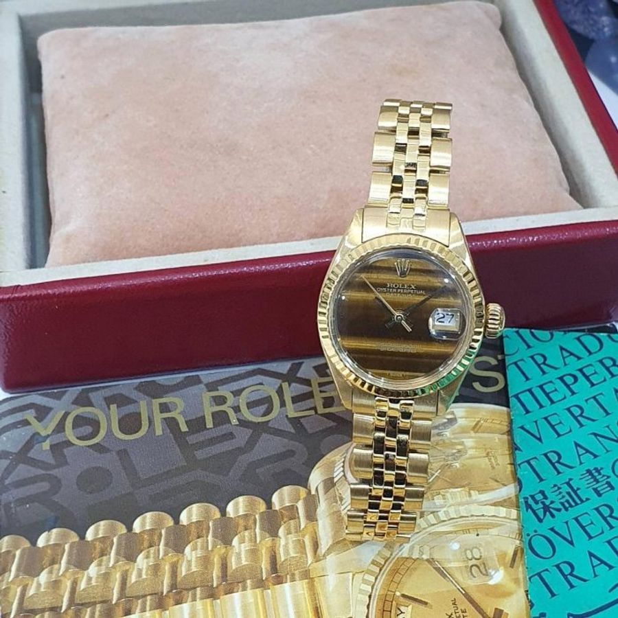 【大眾名錶】ROLEX勞力士 6917 Oyster Perpetual 蠔式 18K女款 原廠虎眼石面盤 原廠K金錶帶 錶徑26mm 自動上鍊 大眾名錶G272-1