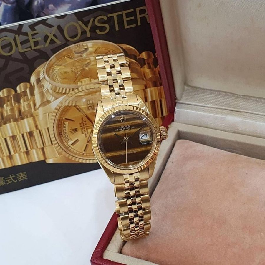 【大眾名錶】ROLEX勞力士 6917 Oyster Perpetual 蠔式 18K女款 原廠虎眼石面盤 原廠K金錶帶 錶徑26mm 自動上鍊 大眾名錶G272-3