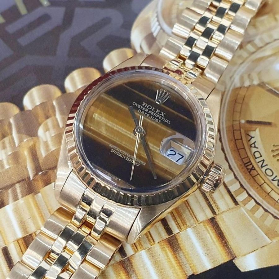 【大眾名錶】ROLEX勞力士 6917 Oyster Perpetual 蠔式 18K女款 原廠虎眼石面盤 原廠K金錶帶 錶徑26mm 自動上鍊 大眾名錶G272-8