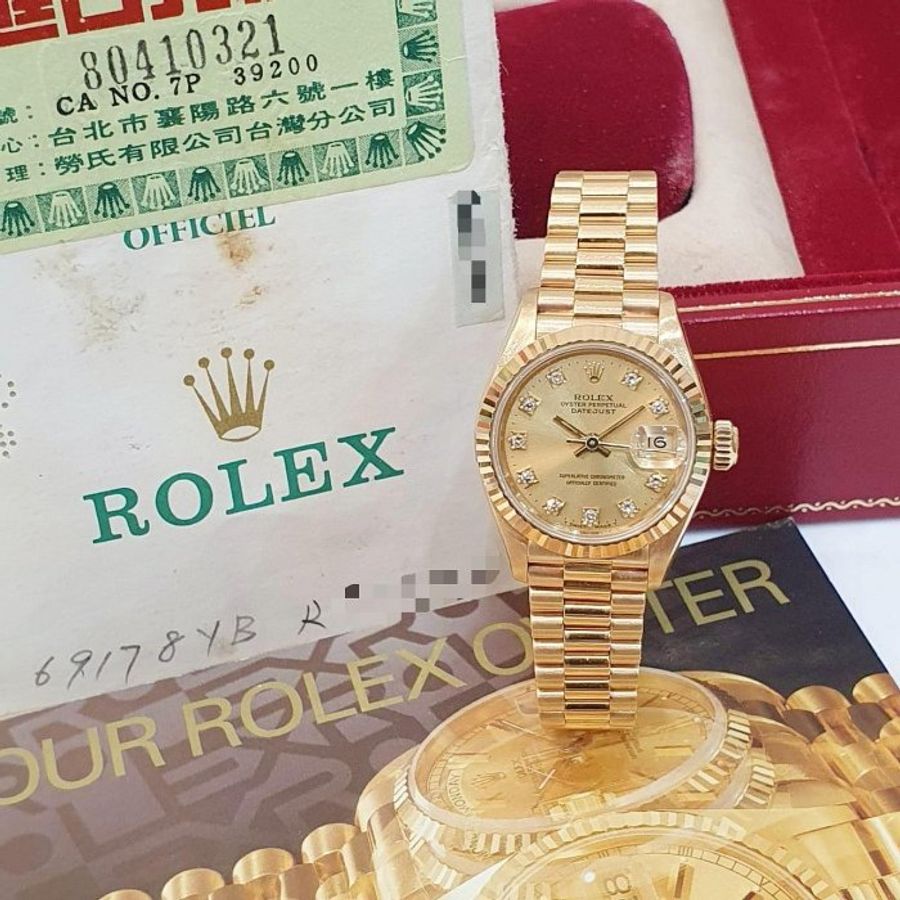 【大眾名錶】ROLEX勞力士 69178 Datejust 18K蠔式女款 金色十鑽面盤 台灣公司貨 錶徑26mm 自動上鍊 大眾名錶G270-2