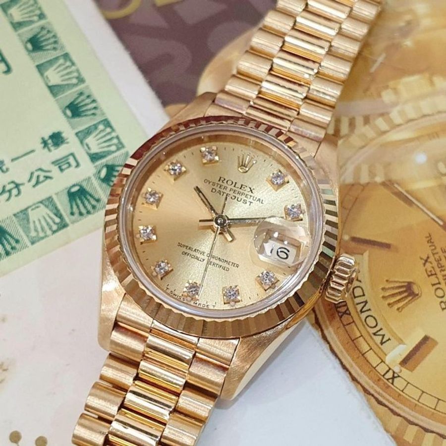 【大眾名錶】ROLEX勞力士 69178 Datejust 18K蠔式女款 金色十鑽面盤 台灣公司貨 錶徑26mm 自動上鍊 大眾名錶G270-5