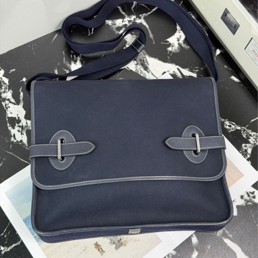 Hermes 愛馬仕 深藍色 帆布拼皮 中古包 斜挎包-3
