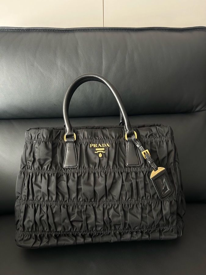 Prada 普拉達 黑色 尼龍 褶皺 手提包 附件:肩帶-0