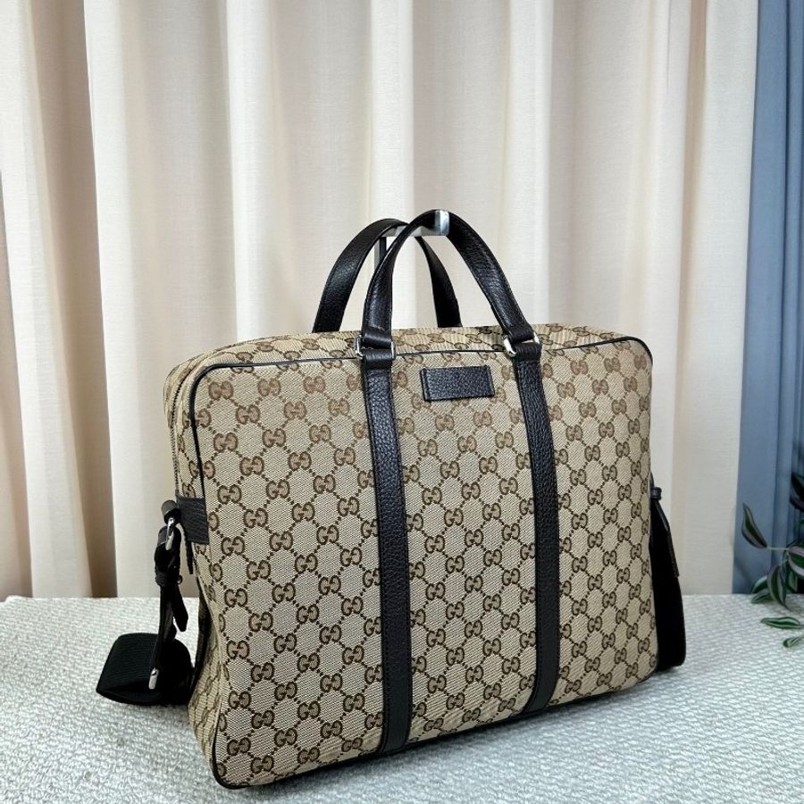 Gucci古馳經典老花公文包 帆布拼皮 銀色五金-2