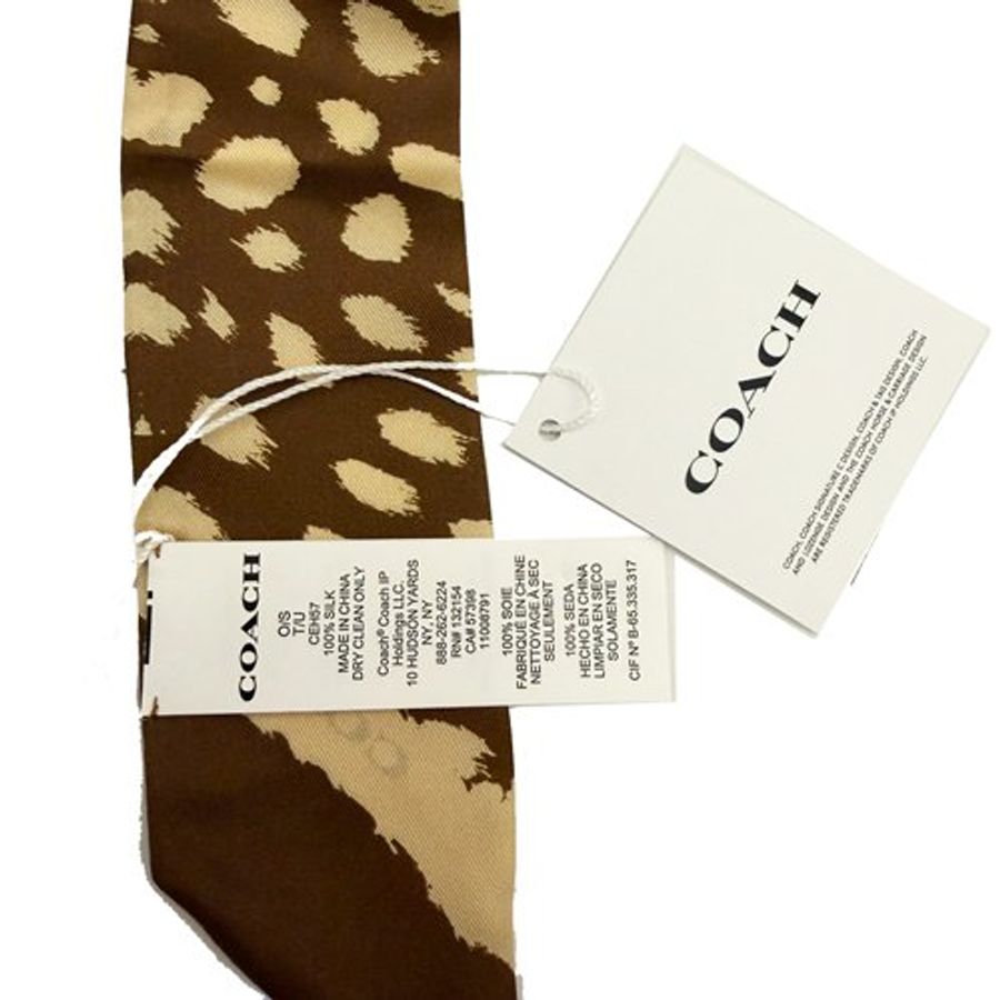 [全新] COACH 經典 LOGO 100%蠶絲領帶長型絲巾領巾髮帶(小鹿斑點)-1