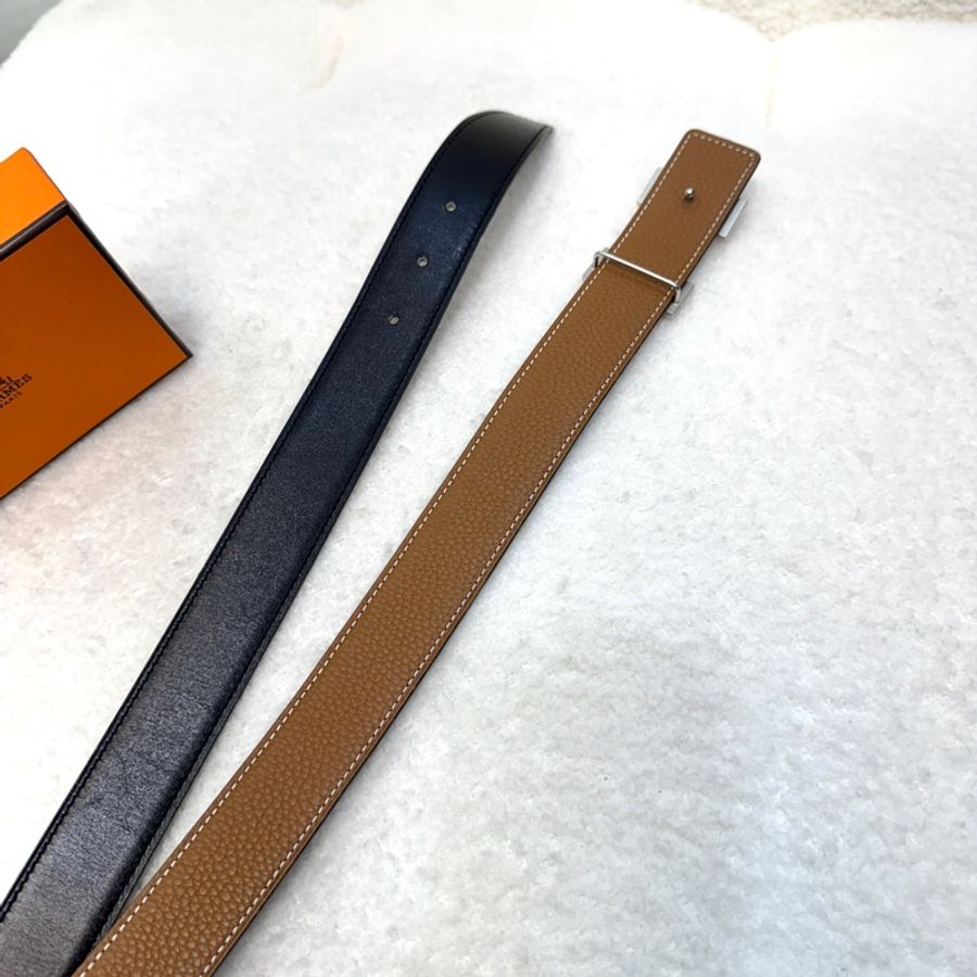 愛馬仕HERMÈS經典黑銀Box皮拼接棕色Togo小牛皮雙面兩用皮帶腰帶H064544CB86-6