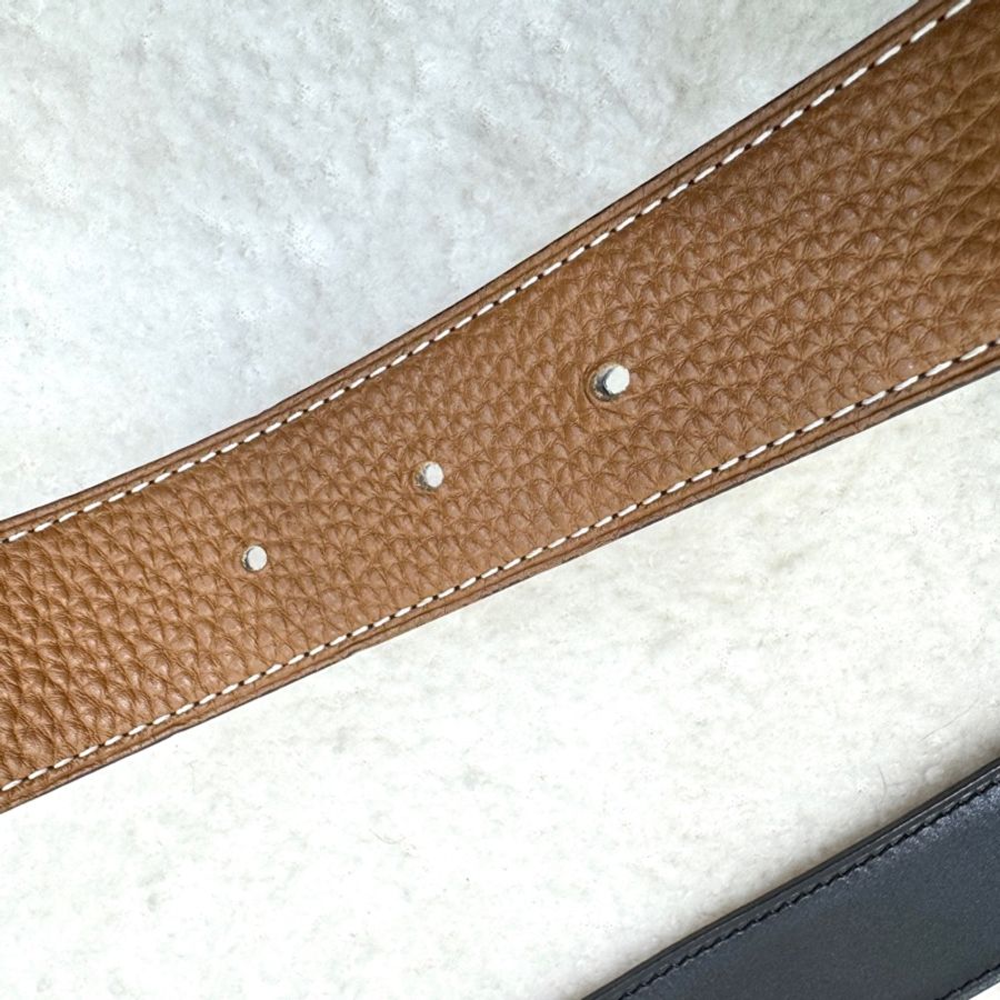愛馬仕HERMÈS經典黑銀Box皮拼接棕色Togo小牛皮雙面兩用皮帶腰帶H064544CB86-12