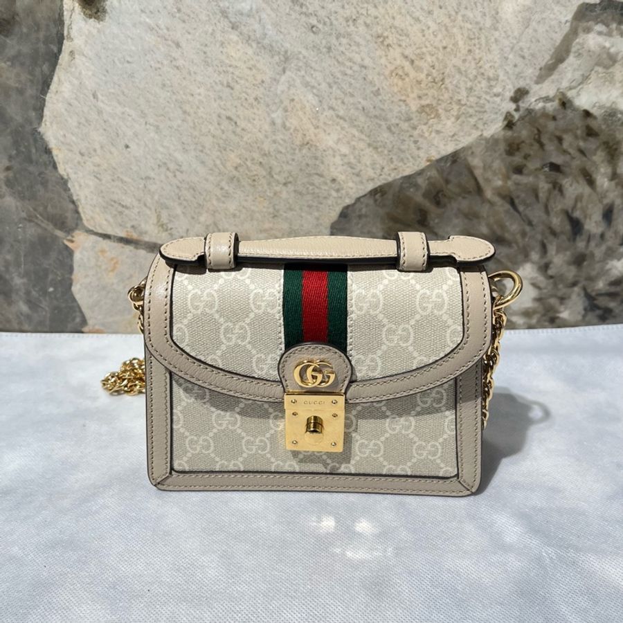 Gucci米色 牛皮PVC Ophidia手提鏈條斜背包-0