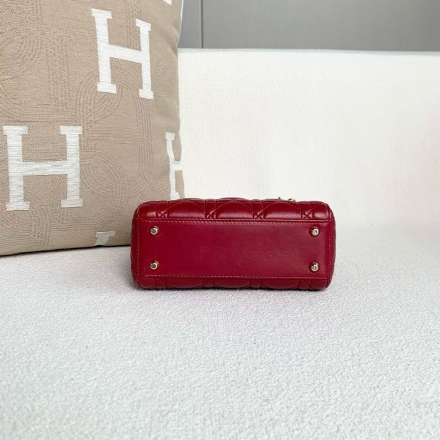 Dior 黛妃三格手提斜背包 酒紅色 金扣 羊皮-4