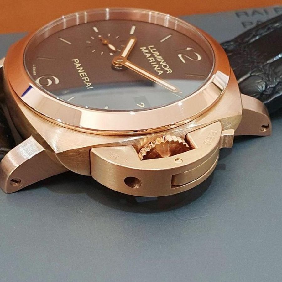 【大眾名錶】PANERAI沛納海 PAM00393 LUMINOR1950系列 2014/01 18K玫瑰金 煙草三明治面盤 底蓋裸空 G234-5
