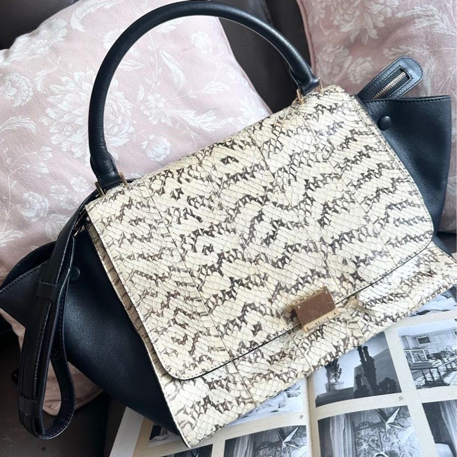 思琳 賽琳 蟒蛇紋 黑白拼色 皮革 斜背包 中古包 復古包  鞦韆包 celine 老花 中古包 側背包 斜背包 斜挎包 celine python trapeze bag black white-0