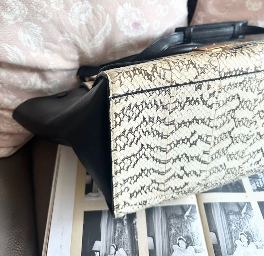 思琳 賽琳 蟒蛇紋 黑白拼色 皮革 斜背包 中古包 復古包  鞦韆包 celine 老花 中古包 側背包 斜背包 斜挎包 celine python trapeze bag black white-13
