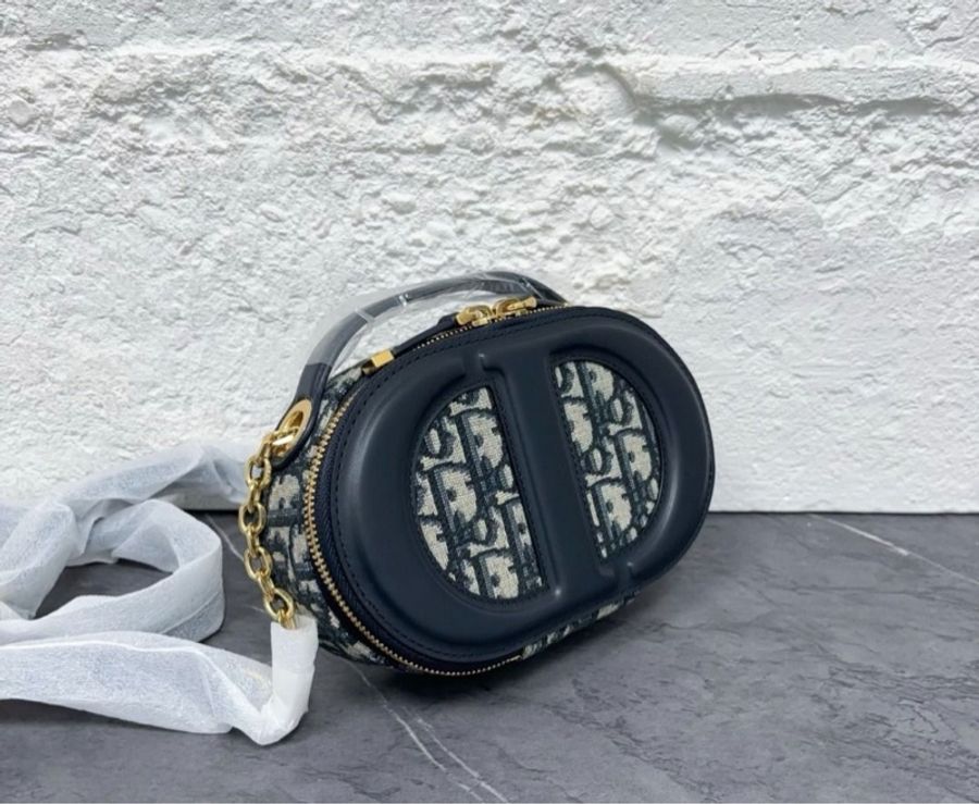 Dior 2CD Signature 藍色老花刺繡 拼皮革豬鼻子相機包手提肩背包-4