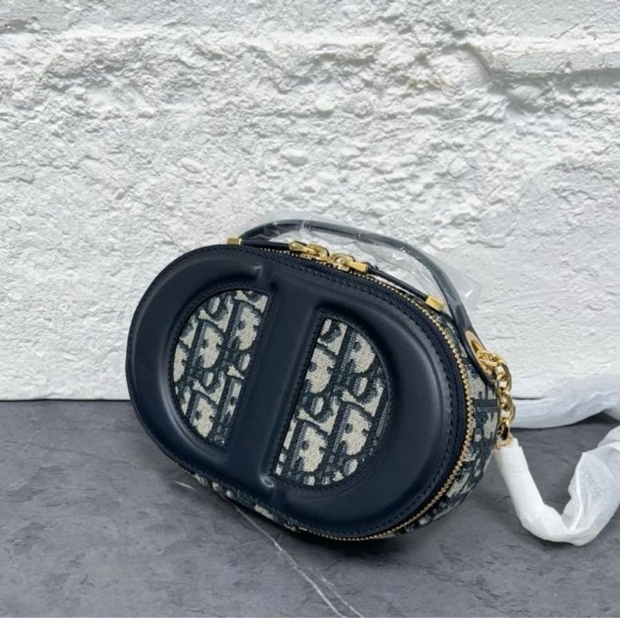 Dior 2CD Signature 藍色老花刺繡 拼皮革豬鼻子相機包手提肩背包-11