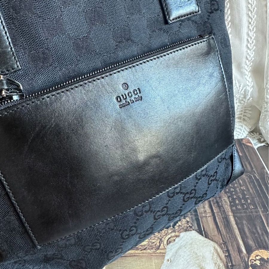 古馳 經典 老花托特包 黑色 皮革中古包 復古包 腋下包 托特包 老花 中古包 側背包 斜 gucci shoulder bag black tote bag-15
